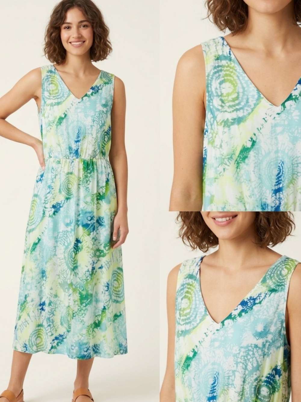 J. JILL Women Large Cotton Silk Blend Vneck Sleeveless Pastel Maxi Dress Beachy
